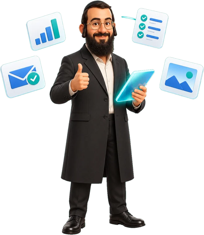 הדמותג של SHWADRON.AI עם טאבלט, ומסביבו מצגת, מייל, מסמך ותמונה שהכין עם AI