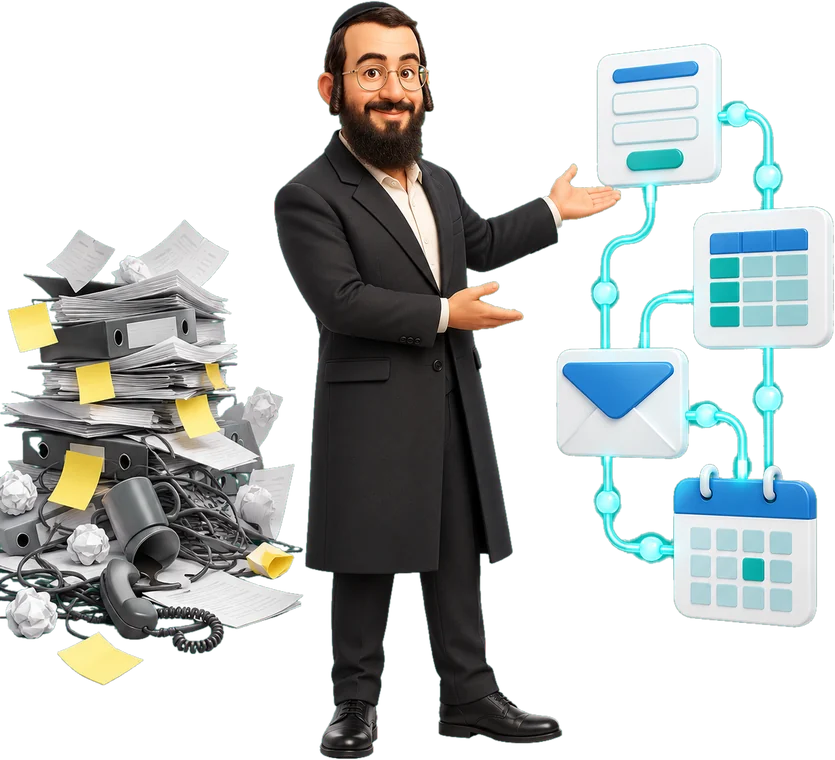 הדמותג של SHWADRON.AI עומד בין ערימת ניירות מבולגנת לזרימת עבודה אוטומטית מסודרת