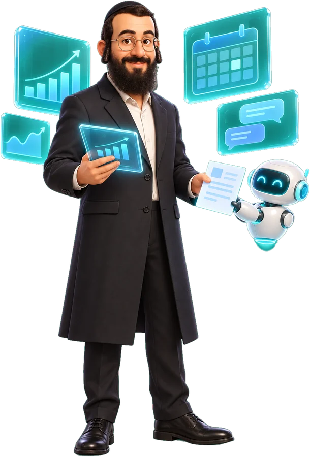 הדמותג של SHWADRON.AI עם מסכים הולוגרפיים ורובוט עוזר