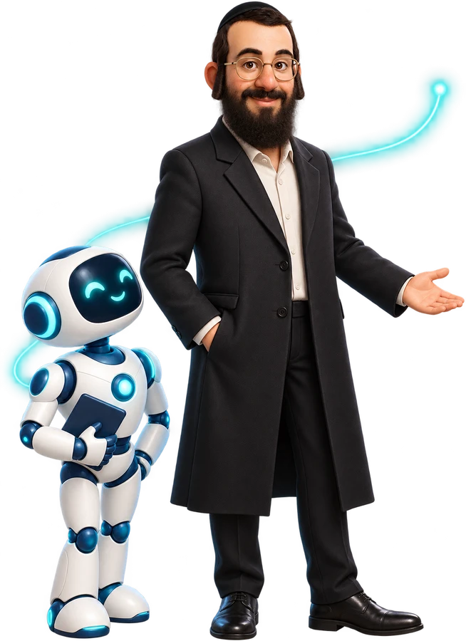 הדמותג של SHWADRON.AI עומד לצד עוזר AI אחד
